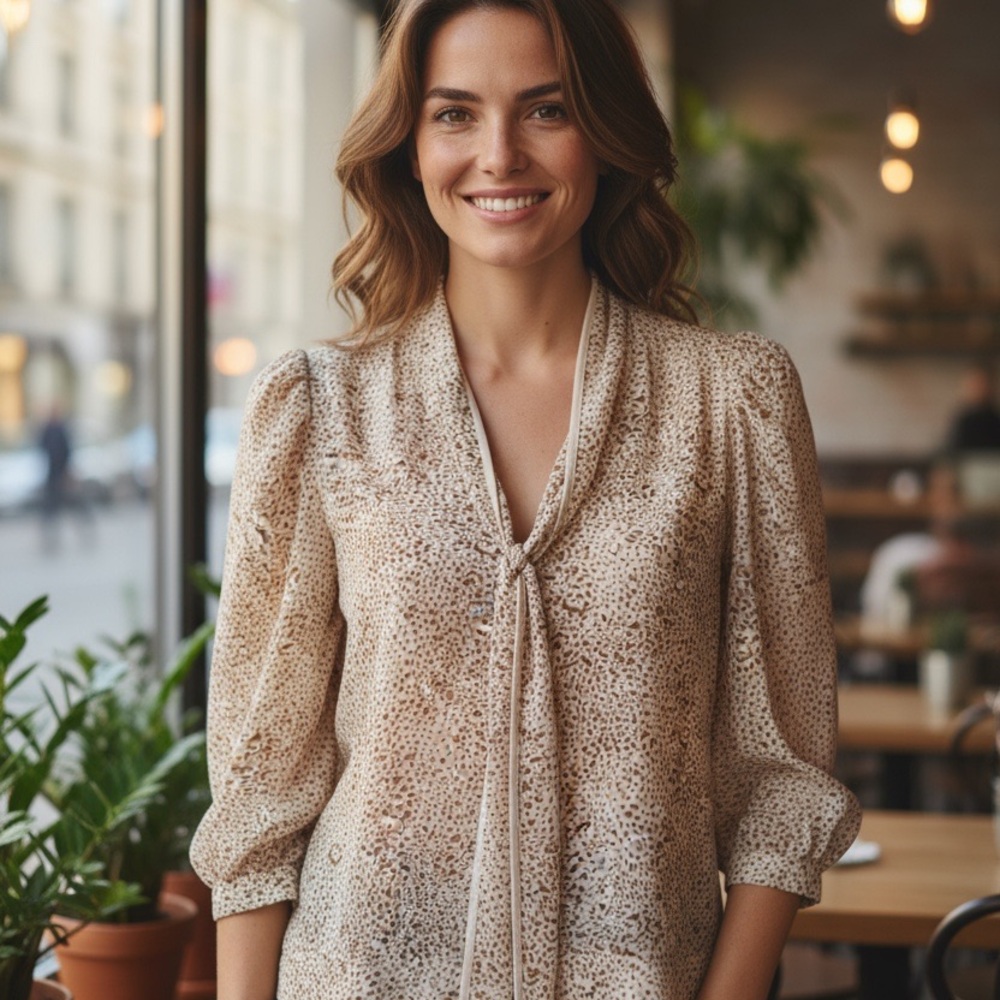 H&M Beige Patterned Blouse with Tie-Neck